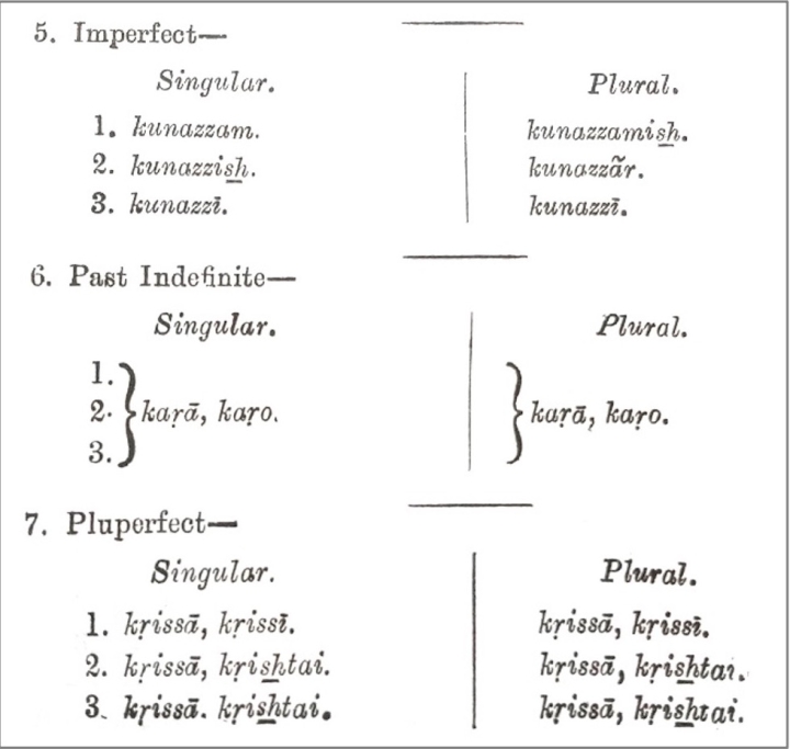 図⑤-1: 古い文法書に登場した「【X】がし た」活用表:中段“6. Past Indefinite” (Davidson 1902: 24)