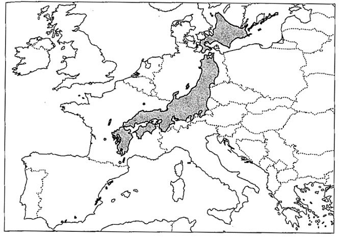 図3: 日本列島をヨーロッパと重ねた地図（真田信治 2007より引用）（クリックで拡大）