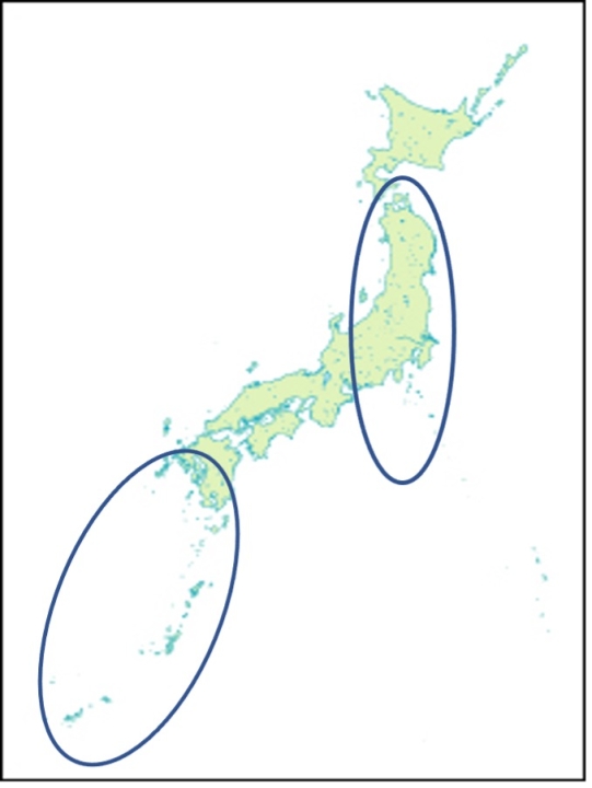 図1: 「くれる」を双方向に使う地域（『新日本言語地図』p.265に基づく）