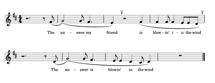 図1: Bob Dylan, Blowin’ In The Windのサビ部分。ヴァッカーナーゲルの位置を含めた文構造とイントネーションが、楽曲構成ときれいに重なって見える。